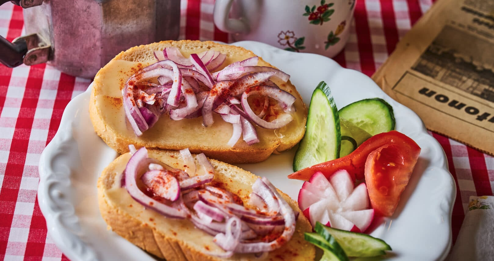 Two slices of greasy bread with red onion and powdered paprika on top, and some more vegetables on the side